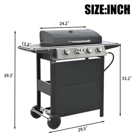 Propane Gas Grill 4 Burner Barbecue Grill, Stainless Steel 34,000 BTU Patio Garden Barbecue Grill With Two Shelves, Lid, Wheels And Bottle Opener - Image 6
