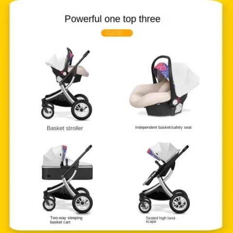 Baby 3 in 1 stroller High Landscape Baby Carriage with car seat Two-way Shock-absorbing Lightweight Folding Newborn Stroller - Image 3